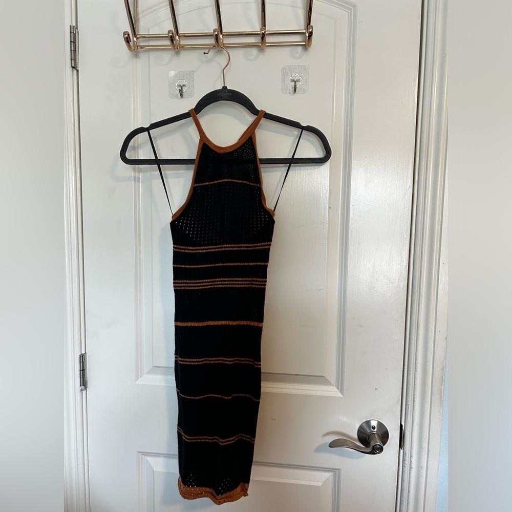 Black and Brown Striped Knit Halter Dress